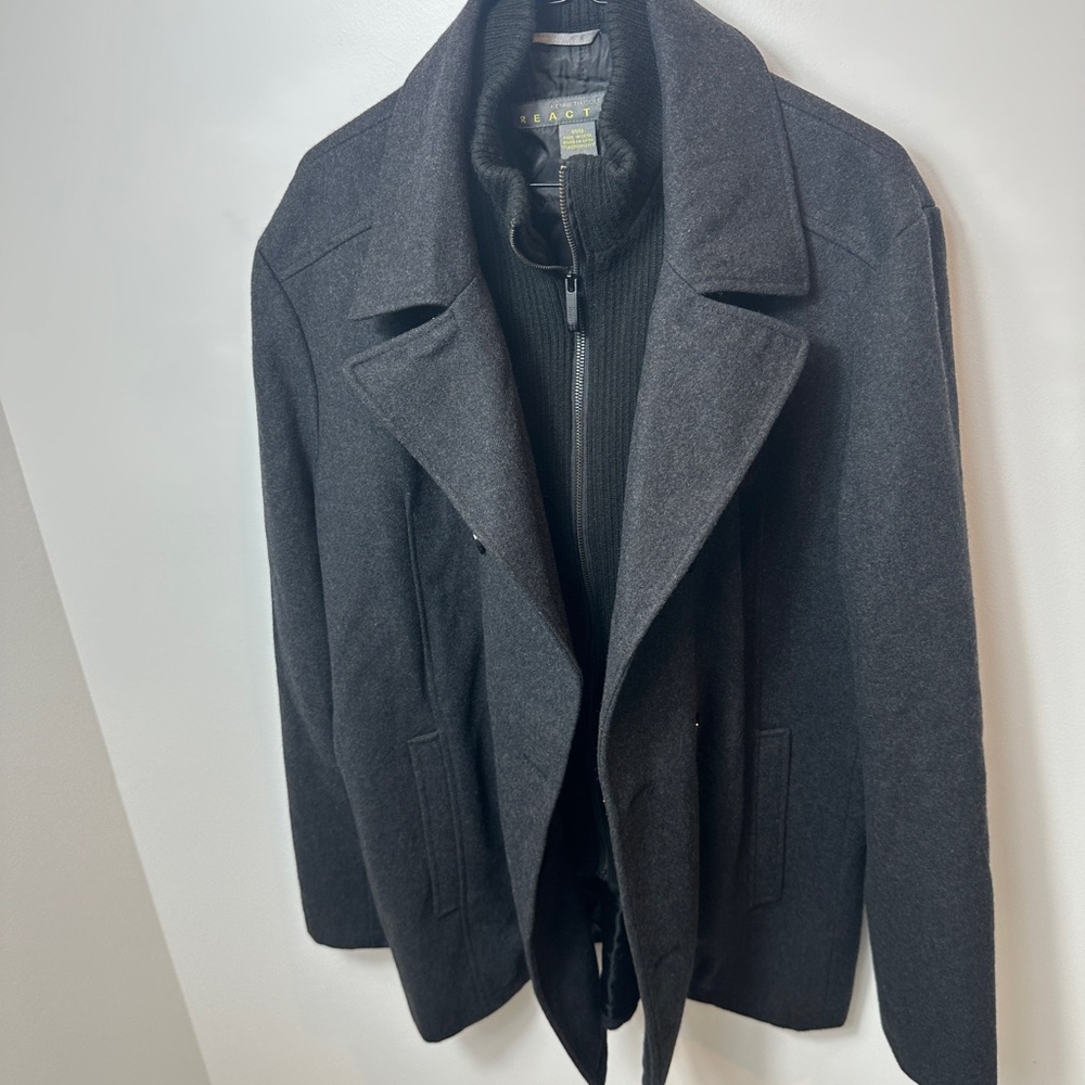Kenneth Cole Reaction Men’s Wool Blend Pea Coat with Knit Bib Grey Size M